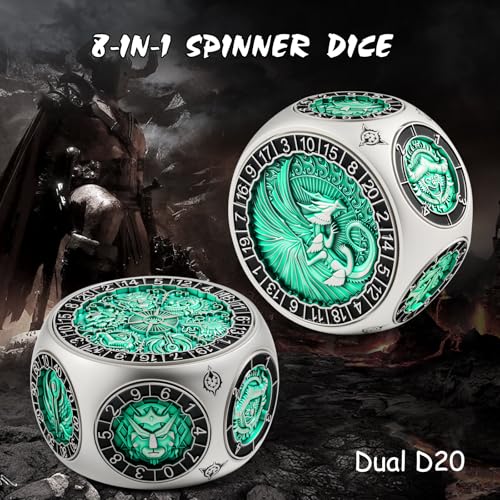 DNDND Unique Spinner D&D Dice, 8-in-1 Hexagonal Metal Dice with Dual D20 Monster Themed Dice Set for DND Dungeons and Dragons, Dungeon Masters with Collectible Gift Tin (Silver with Green) - color: Silver Green
