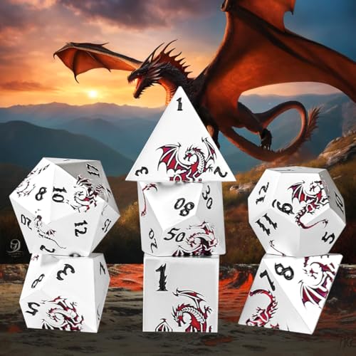 Metal Dice Set, Flat Face White Red Dragon Pattern, 7pcs Polyhedral Metal DND Dice Set, DND Starter Set, D&D Gifts with Gift Box, Role Playing Board Games Accessories, White - color: White+ Red
