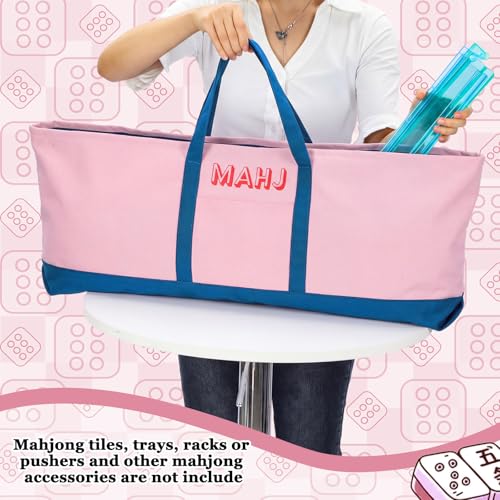 Mahjong Bag for Tiles and Racks Empty American Mahjong Tiles Carrying Tote 31.5 x 12 x 4 Inch Canvas Tile Game Accessory Gift for Pusher Rack Mat Carrying, Case Only(Pink and Dark Blue) - color: Pink and Dark Blue