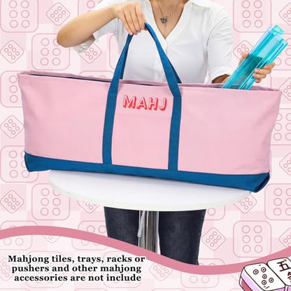 Mahjong Bag for Tiles and Racks Empty American Mahjong Tiles Carrying Tote 31.5 x 12 x 4 Inch Canvas Tile Game Accessory Gift for Pusher Rack Mat Carrying, Case Only(Pink and Dark Blue) - color: Pink and Dark Blue