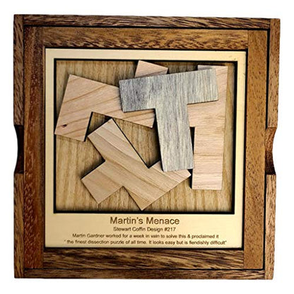 Creative Crafthouse Martin's Menace Large Stewart Coffin Wood Puzzle | Design number 217. Four packing pieces in a 6 inch square that look easy and are not. A tough desk gift, made in USA - style: Martin’s Menace - L