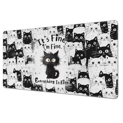 Funny Cat Mouse Pad Gaming, Large Mouse Pads for Desk, Extended Mousepad with Non-Slip Rubber Base Stitched Edge, Black Cat Mousepad Keyboard Mat for Desk Gaming Home Office, 31.5" x 11.8" - color: I'm Fine#Cat, size: 31.5L x 11.8W inches