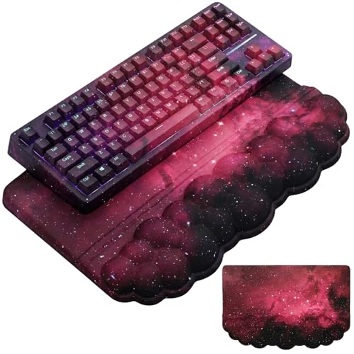 Computer Keyboard Stand Pad with Wrist Rest Dark Pink Cloud Keyboard Pad Support with Comfortable Black Galaxy Stars Wrist Pad Cute Girl Ergonomic Tilted Keyboard Riser Holder for Desktop Office Home - color: Cloud Black Pink