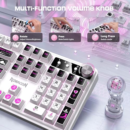Redragon RM104 Wireless Keyboard with Knob, Tri-Mode BT/2.4G RGB Computer Keyboards, 4000mAh Battery, Programmable Software Support, Anti-Ghosting, Compatible with PC Mac - Pink & White - color: Pink & White