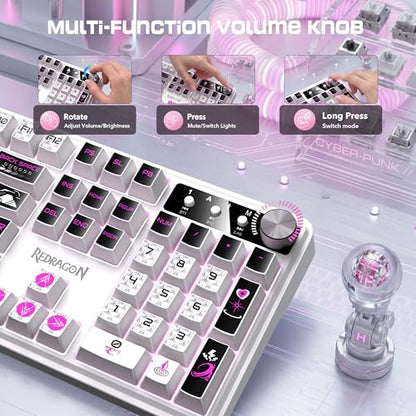 Redragon RM104 Wireless Keyboard with Knob, Tri-Mode BT/2.4G RGB Computer Keyboards, 4000mAh Battery, Programmable Software Support, Anti-Ghosting, Compatible with PC Mac - Pink & White - color: Pink & White