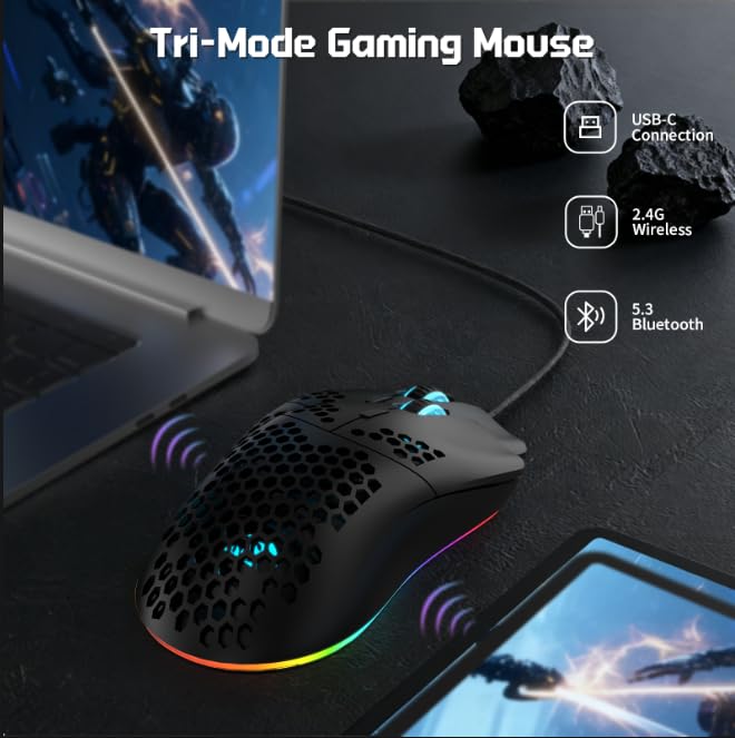 FREEWOLF X HXSJ T66 Wireless Gaming Mouse Tri-Mode Superlight Honeycomb Design PAW3212 3600DPI Sensor 1000Hz Polling Rate Bluetooth/2.4Ghz/Wired Ergonomic PC Mice RGB Light Programmable Buttons-Black - color: black