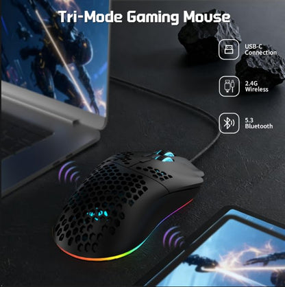 FREEWOLF X HXSJ T66 Wireless Gaming Mouse Tri-Mode Superlight Honeycomb Design PAW3212 3600DPI Sensor 1000Hz Polling Rate Bluetooth/2.4Ghz/Wired Ergonomic PC Mice RGB Light Programmable Buttons-Black - color: black