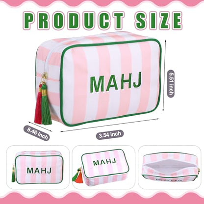 Sanwuta 1 Pcs Mahjong Tile Bag with Zipper,Pink, Green,Striped | Embroidered Mahjong Case for 166 American Mahjong Tiles (1.2") Portable Bags for Board Game Party Gathering Travel - color: Pink, style: Clean