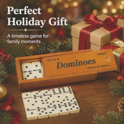 Smilejoy Dominos Set for Adults -Jumbo Size Dominoes Double Six Edition- Classic Board Games- Thick Size Double 6 Domino Set with Deluxe Brown Wood Box, 28 Tiles (2-4 Players) - style: Jumbo Size