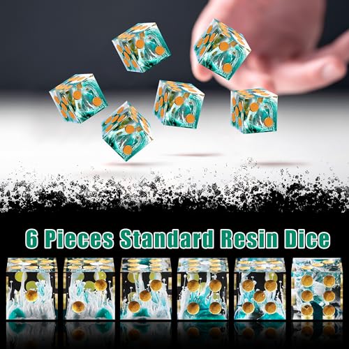 AUSTOR 6 Sided Resin D6 Dice Set, 16mm, Handmade, Sharp Edge, Green, 6 Pieces, Metal Case for Tenzi, Farkle, Yahtzee, Bunco, Teaching Math - color: Wave Green