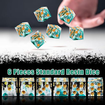 AUSTOR 6 Sided Resin D6 Dice Set, 16mm, Handmade, Sharp Edge, Green, 6 Pieces, Metal Case for Tenzi, Farkle, Yahtzee, Bunco, Teaching Math - color: Wave Green