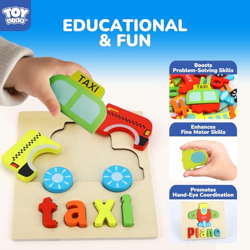 TOY Life Toddler Puzzles Ages 2-4, 4 Vehicles with Spelling Wooden Puzzles for Toddlers 3-5, Montessori Toys Gifts for 1 2 3 Years Old Boys Girls, Christmas Birthday Gifts Learning Toys for Kids - style: Vehicles with Spelling 4PCS