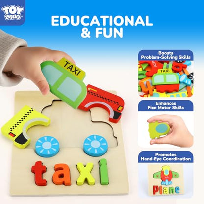 TOY Life Toddler Puzzles Ages 2-4, 4 Vehicles with Spelling Wooden Puzzles for Toddlers 3-5, Montessori Toys Gifts for 1 2 3 Years Old Boys Girls, Christmas Birthday Gifts Learning Toys for Kids - style: Vehicles with Spelling 4PCS