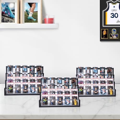 Donmills 4 Tier Card Display Stand, Wooden Trading Card Display Stand Tabletop, Graded Baseball Sports Card Display Shelf for Basketball Football Cards Game Collection, Show & Vendor, Black - color: Black-tabletop