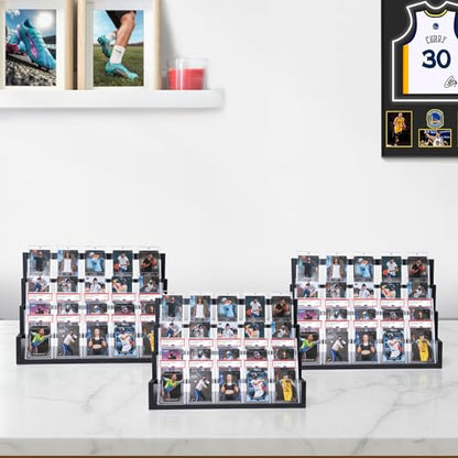 Donmills 4 Tier Card Display Stand, Wooden Trading Card Display Stand Tabletop, Graded Baseball Sports Card Display Shelf for Basketball Football Cards Game Collection, Show & Vendor, Black - color: Black-tabletop