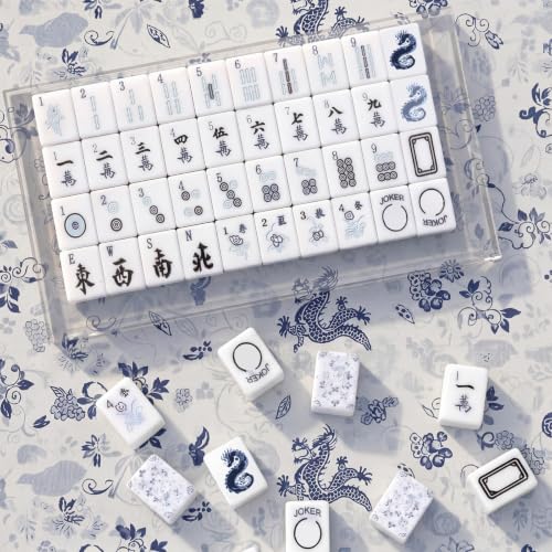 Soulchen 160 Chinoiserie Blue Porcelain American Mahjong Tile Set with Acrylic Storage Box & Dice 1.2" 3D Engraved Tiles for Adults Friends Family Game Night Mahjong Travel Size Chinese Game Gifts - style: Chinoiserie