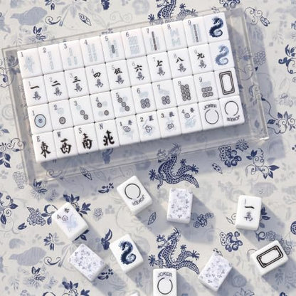 Soulchen 160 Chinoiserie Blue Porcelain American Mahjong Tile Set with Acrylic Storage Box & Dice 1.2" 3D Engraved Tiles for Adults Friends Family Game Night Mahjong Travel Size Chinese Game Gifts - style: Chinoiserie