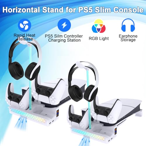 Slim/Pro Horizontal Stand with Cooling Fan and P5 Controller Charger Compatible with 5 Console,Cooling Station with RGB Light Dual Controller Charging and Headphone Storage