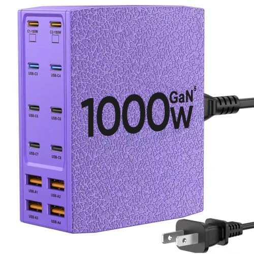 USB Charging Station (1000W),12-Port USB C Charger Block with Dual 100W PD USB-C Fast Charging Station Hub for MacBook Pro/Air/All iPad Phone 17/16 15/14/13/Pro Max/Samsung Galaxy Note(Purple) - color: Purple