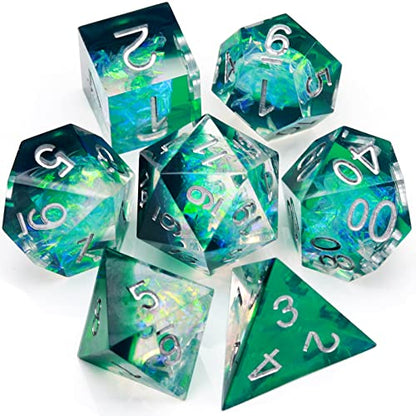 Haxtec DND Dice Set Sharp Edge Resin Dice Iridecent Inclusion with Dice Case Green D&D Dice for RPG Role Playing Games Compatible with Dungeons and Dragons Gift Galaxy Series - color: Green