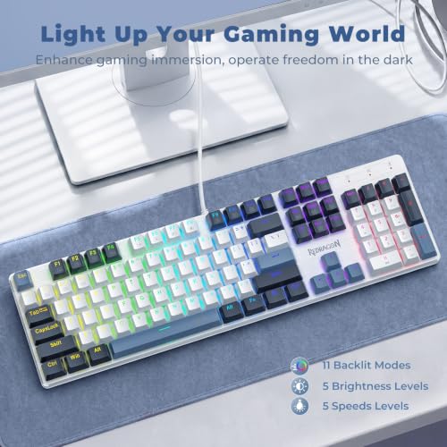 Redragon Mechanical Gaming Keyboard Wired, 11 Programmable Backlit Modes, Hot-Swappable Red Switch, Anti-Ghosting, Double-Shot PBT Keycaps, Light Up Keyboard for PC Mac, Blue - color: White Blue