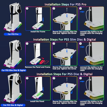 PS5 Cooling Station, PS5/Slim/Pro Stand with Dual Charging Station for PlayStation 5, PS5 Accessories Kits, Vertical Stand with 3 Levels Cooling Fan, Headset Holder for PlayStation5 Digital/Disc - color: Piano-White