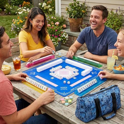 American Mahjong Tile Set with Mat - Premium Quality Melamine Mahjong Set with 166 Scratch-Resistant Tiles, Complete Accessories, and Portable Blue Carrying Case for Timeless Fun