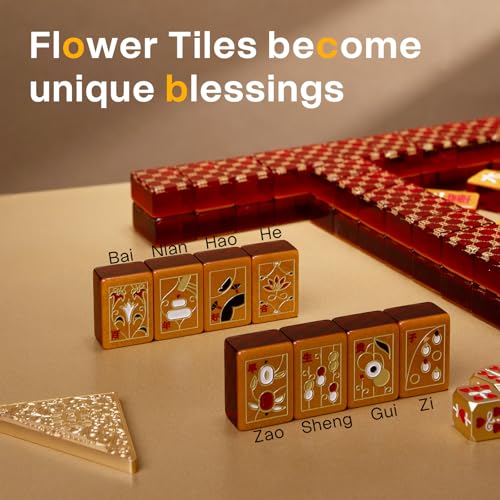 Luxury Chinese Mahjong Set - 144 Professional Acrylic Tiles with Red Designer Handbag Case - Double Happiness Art Edition for Weddings, Anniversaries& New Year - Premium Cultural Collectible gift - color: Red 1