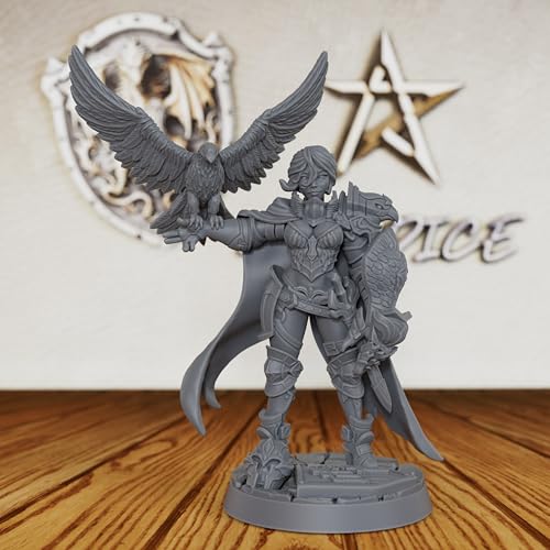 AUSPDICE Heroic 28mm Unpainted DND Miniature, Falconer Ward Paladin AS367 | Female Fantasy Figure with Falcon, Sword and Shield for Dungeons and Dragons, TTRPG, Tabletop RPG Games and Dungeon Masters