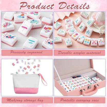 Soulchen 1.2in American Mahjong Tiles Set with Noise Reducing Mat 168 Acrylic Engraved Mahjong Game Tiles with Portable Storage Bags and 4 Dice for Adults Family Friends Collection Travel Game(Pink) - color: Pink