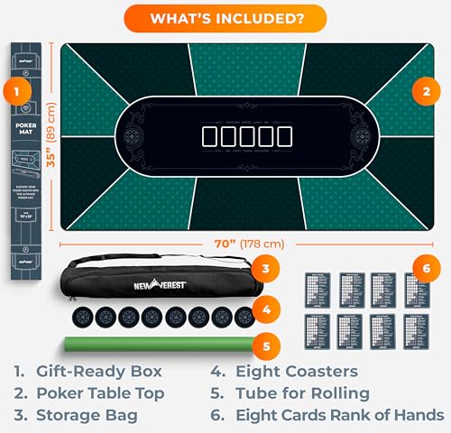 Newverest Poker Table Top 70" x 35", Texas Hold'em Poker Mat for Home Game Nights Up to 10 Players, Blackjack, Casino | Poker Topper for Tables in Zipper Storage Bag with 8 Coasters in Gift-Ready Box - color: Green With Black Edges