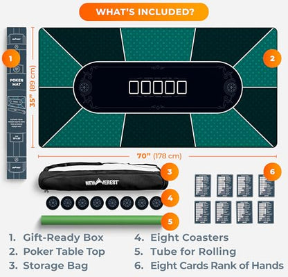 Newverest Poker Table Top 70" x 35", Texas Hold'em Poker Mat for Home Game Nights Up to 10 Players, Blackjack, Casino | Poker Topper for Tables in Zipper Storage Bag with 8 Coasters in Gift-Ready Box - color: Green With Black Edges