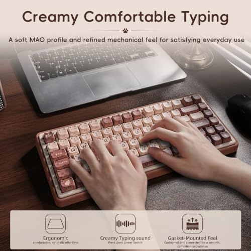 ZORNHER UR82 Mechanical Keyboard,75% Wireless Creamy Gaming Keyboard with Cute Leopard Cat Kawaii Glowing Kitty Ear Mao Keycaps, Aesthetics Compact Brown Keyboard for Home Office,Coffee Brown - color: Leopard Cat