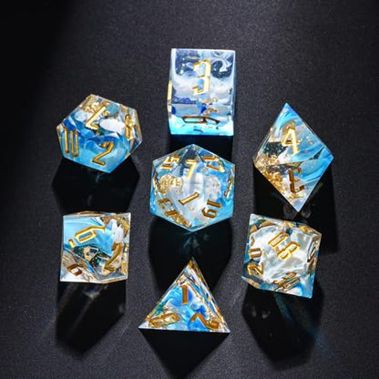 Cusdie Sharp Edges DND Dice, 7 PCs D&D Dice, Handcrafted Polyhedral Dice Set, for Role Playing Game Pathfinder (Blue Swirl w/Gold Foil) - color: Blue Swirl W/Gold Foil