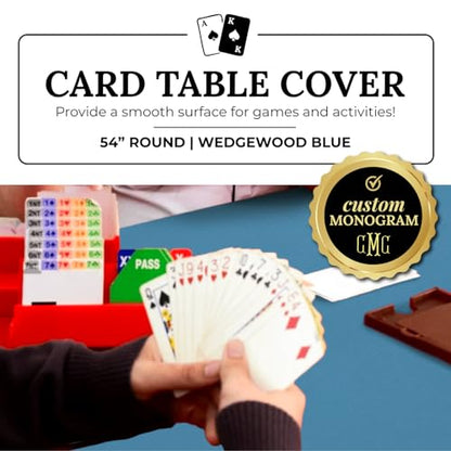 Personalized 54" Round Table Cover – Bridge Table Covers with Soft Ultra-Suede Fabric - Washable Table Cover Protects Cards & Tiles, Reduces Noise - Round Tablecloth for Game Night, Mahjong & Poker - color: Wedgewood Blue Embroidered, size: 54"