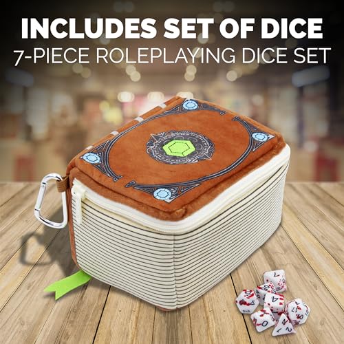 CASEMATIX Mimic Spell Book Dice Case with 7 Included RPG Dice - 7" Mimic Tome Chest Bag with Zipper Closure and Carabiner for 250 Polyhedral Pieces, Protective Novelty Holder for Tabletop Dice - style: Spellbook