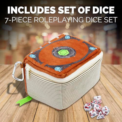 CASEMATIX Mimic Spell Book Dice Case with 7 Included RPG Dice - 7" Mimic Tome Chest Bag with Zipper Closure and Carabiner for 250 Polyhedral Pieces, Protective Novelty Holder for Tabletop Dice - style: Spellbook