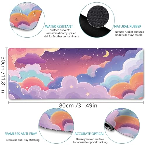 LIMKRIAN Purple Cloud Mouse Pad Kawaii Large Desk Mat, 31.5x11.8 in | Stitched Edges, Non-Slip, Mouse Pads for Gaming Computer Laptop, Desk Matt for Desktop, Cute Office Desk Accessories - color: Anime Purple Clouds