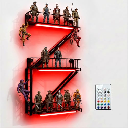 Fire Escape Wall Shelf, Iron Fire Escape Shelf with 15 Colors LED Light | Floating Shelf for Collectibles, Black Decorative Ladder Shelves for Bedroom Game Room Home Office Storage and Display