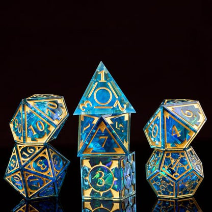 DND Resin dice Color Sharp Edge dice Set Dungeon Polyhedron D and D dice Set Suitable for D&D Role-Playing Tabletop Games D20 D12 D10 D8 D6 D4 (Golden Blue) - color: Golden Blue