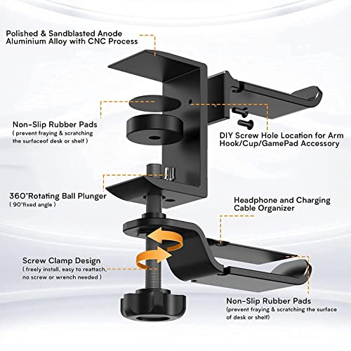 Headphone Holder PC Gaming Headphone Stand,Dual Headset Hanger Hook Holder with Adjustable and Rotating Arm Clamp,Under Desk Design Headset Stand