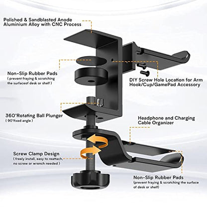 Headphone Holder PC Gaming Headphone Stand,Dual Headset Hanger Hook Holder with Adjustable and Rotating Arm Clamp,Under Desk Design Headset Stand