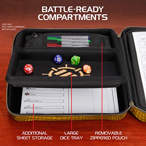 ENHANCE RPG Organizer Case - DnD Binder with Built-in Character Sheet Holder and Erasable Scribe Panel, Dice Rolling Area, Removable Pen Pouch, Miniature Foam Tray, Wrist Strap - color: Dragon Gold