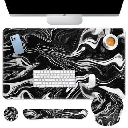 Britimes Black White Marble Keyboard Mouse Pad Set 4in1 Large Mousepad+Keyboard Wrist Rest+Mouse Wrist Rest+Coaster Ergonomic Design for Home Office Computer 35.4x15.7 inches - color: Black White Marble
