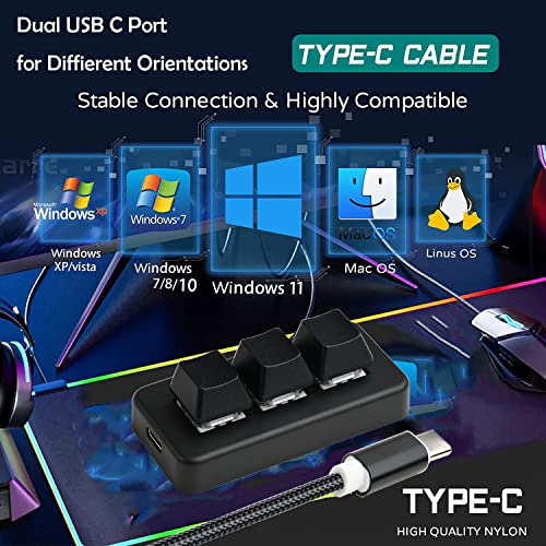 iKKEGOL Mini USB Type C Wired 3 Key Mechanical Keypad 9 Keys Fully Progammable Macro Gaming Keyboard,One- Handed Control RGB Light HID Pad (Black)