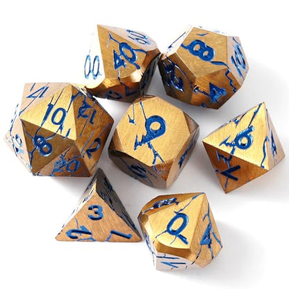 Metal Dice for DND - Ancient Cracked Pharaoh Ruins - Gold Blue Cracks | Beautiful 7pc Polyhedral Dice Set, Smooth Rolling, Role Playing Games (RPG), Compatible with D&D, for Dungeons and Dragons - color: Gold and Blue Cracks