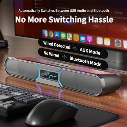 Computer Speakers for Desktop PC, Bluetooth PC Soundbar with Dual Bass Reflex for Monitor, USB Powered RGB Gaming Speakers with USB Wired Input, Stereo Sound for Laptop, Tablet and Desktop Setup