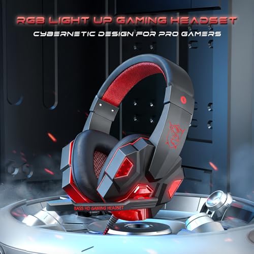 Stereo Gaming Headset for PS4 PC Xbox One PS5 Controller, Noise Cancelling Over Ear Headphones with Mic, LED Light, 7.1 Surround Sound, Soft Memory Earmuffs for Nintendo Xbox Series X|S-Black/Red - color: Black/Red