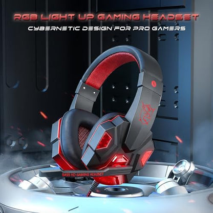 Stereo Gaming Headset for PS4 PC Xbox One PS5 Controller, Noise Cancelling Over Ear Headphones with Mic, LED Light, 7.1 Surround Sound, Soft Memory Earmuffs for Nintendo Xbox Series X|S-Black/Red - color: Black/Red