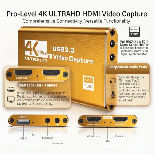 Video Capture Card, Audio Video Capture Card, USB 3.0 Capture Card 4K HDMI Loop-Out, 1080P 60FPS Video Game Capture for Streaming Works for PS5/Switch/Camera/PC/OBS (Golden) - color: Golden